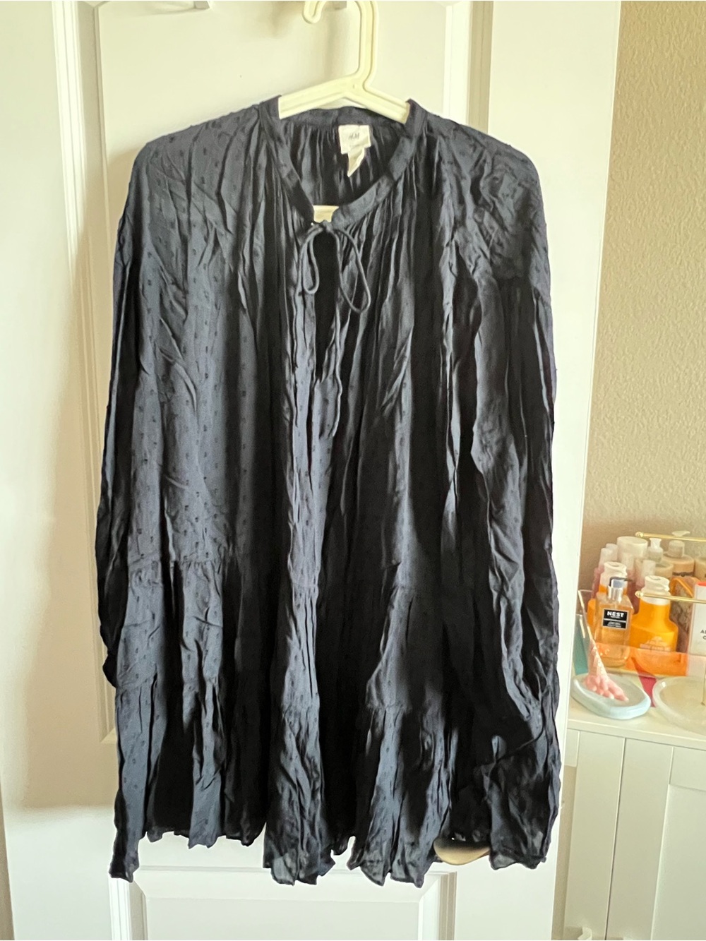 H&M Navy Textured Tie-Neck Long Sleeve Button-Down Dress